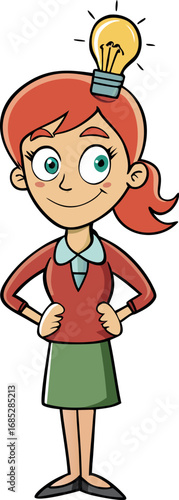 Cartoon woman with a bright idea light bulb above her head