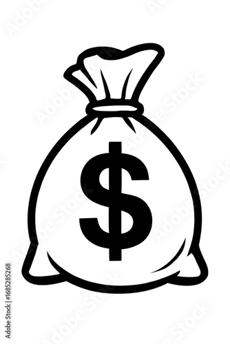 Striking black and white vector illustration of a classic money bag adorned with a prominent dollar sign, symbolizing wealth, finance, currency, banking, investment, economic prosperity, savings, and 
