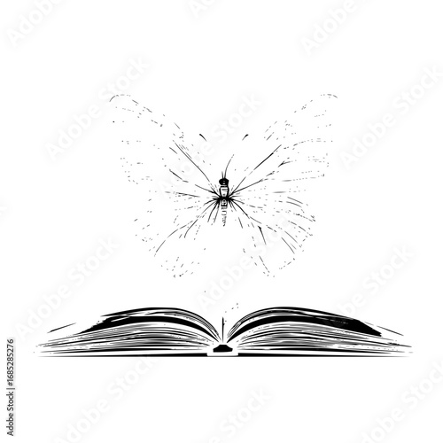 Butterfly flying above an open book illustration vector design for print and digital media projects ideas