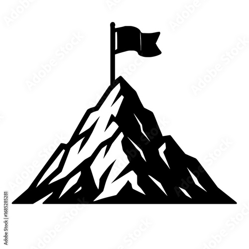 Striking black and white vector illustration of a mountain peak, with a flag proudly planted at its summit, representing ultimate achievement, success, victory, goal attainment, overcoming challenges,