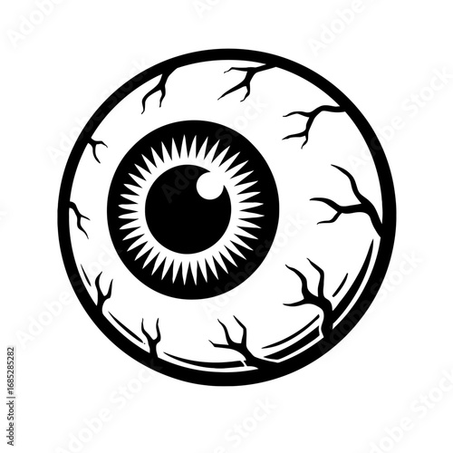 Stylized black and white eyeball vector with jagged iris and prominent bloodshot veins, an ideal graphic for Halloween, horror, and spooky designs. This unsettling eye offers a vigilant, creepy gaze, 