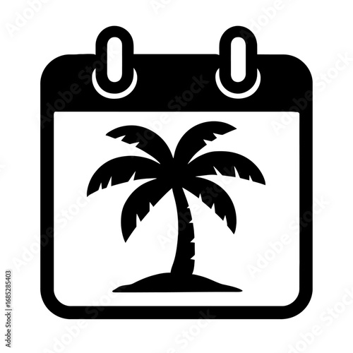 Calendar icon with a striking black palm tree on a small island, representing tropical vacations, beach holidays, summer getaways, and dream travel plans. Ideal for scheduling leisure, booking adventu