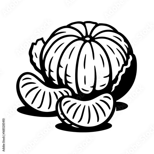 Black and white vector illustration of a peeled tangerine, two separated juicy segments. Crisp graphic for fresh citrus fruit, healthy eating, natural refreshment. Ideal for culinary, diet, wellness, 