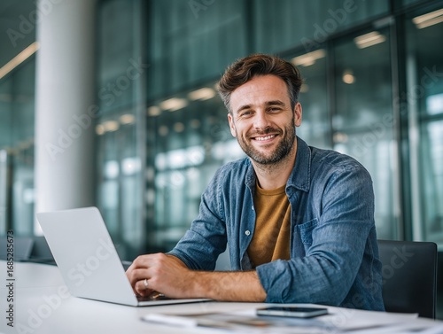Smiling businessman in casual clothes working on a laptop at desk with modern office background and looking at the camera. Happy satisfied male employee typing and doing his project on a computer.