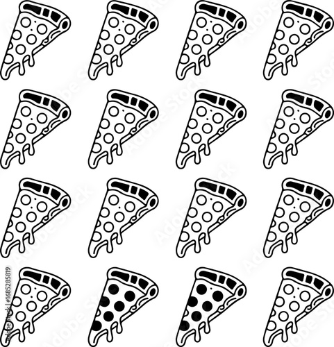 A delectable and crispy pizza slice set illustration, perfect for food-related designs, featuring a repeating pattern of delicious pepperoni and cheesy slices
