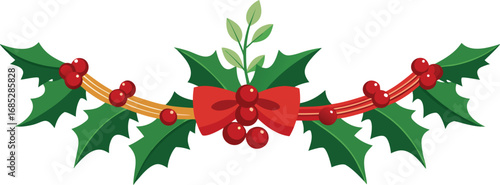 Christmas fir garlands, red bow and jingle bells. Flat vector illustration on transparent background