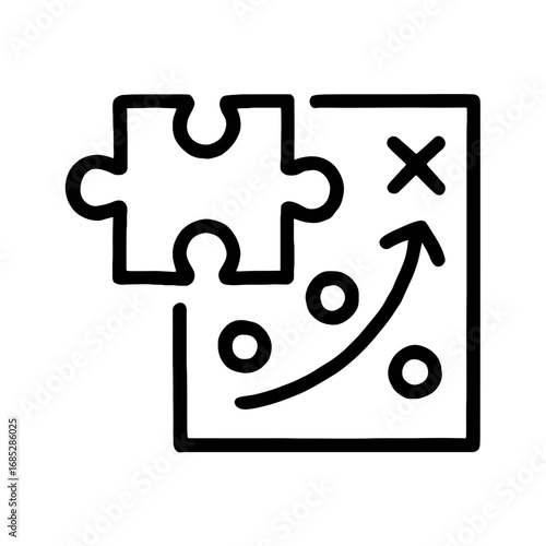 Strategic Planning & Problem-Solving Icon: Depicting a vital puzzle piece perfectly integrating with a comprehensive tactical board, symbolizing business synergy, solution finding, goal alignment, and