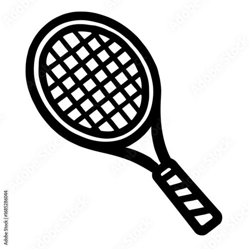 A clean, minimalist black and white outline icon of a tennis racket, perfectly symbolizing the sport of tennis. This vector graphic is ideal for all web, app, print media, great for sports themes, fit