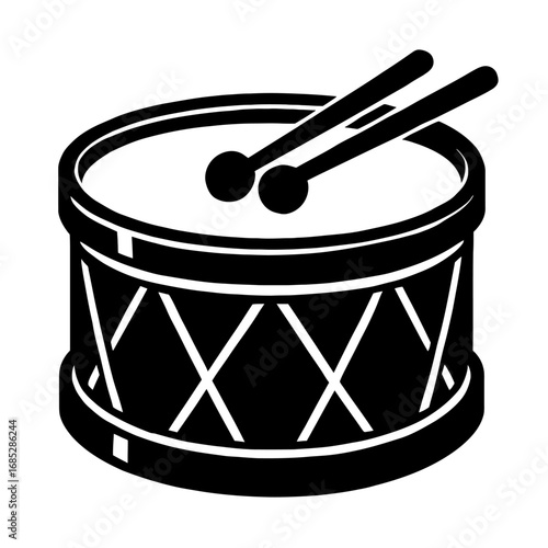 Black and white silhouette icon of a musical snare drum with two drumsticks resting on its head, ideal for percussion, rhythm, sound, band, music, and design projects. This graphic represents musical 