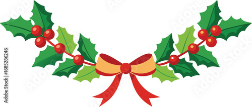 Christmas fir garlands, red bow and jingle bells. Flat vector illustration on transparent background