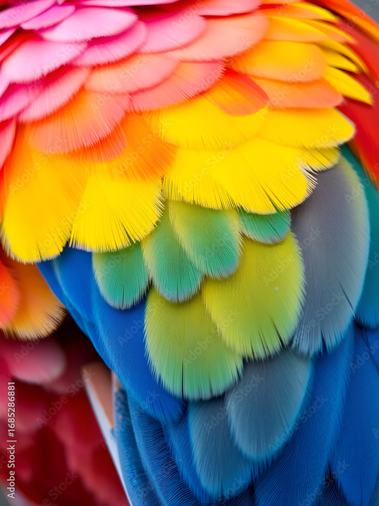 Fototapeta premium A tight shot of a multihued bird's vibrant feathers against a backdrop of pink, yellow, and blue