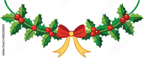 Christmas fir garlands, red bow and jingle bells. Flat vector illustration on transparent background