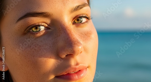 Close up portrait of a woman with green eyes and fair skin against a blurred ocean background