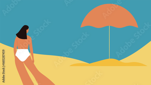 Woman in white bikini walking on sandy beach towards orange beach umbrella under blue sky vector illustration