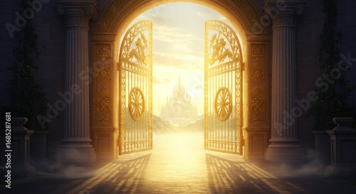 Golden gates open to reveal a radiant, ethereal castle nestled within a mystical landscape.