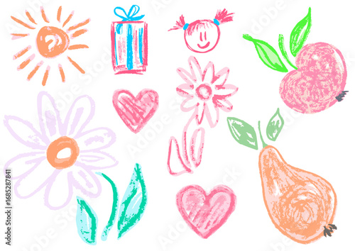 Children's drawing with wax crayons, pastels