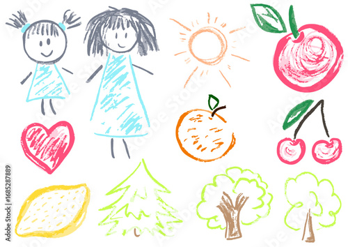 Children's drawing with wax crayons, pastels