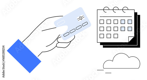 Hand holding a payment card, calendar with marked dates, and cloud icon. Ideal for finance, billing, e-commerce, subscriptions, scheduling online payments and digital economy concepts. Simple flat