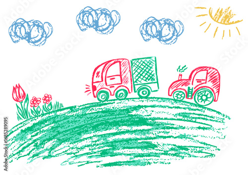 Children's drawing with wax crayons, pastels