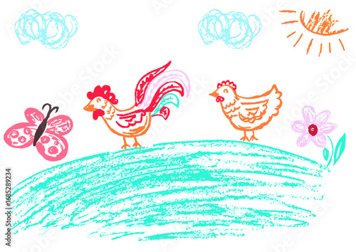 Children's drawing with wax crayons, pastels