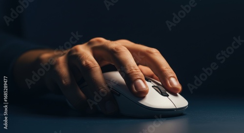 Close-up of a hand using a computer mouse on a dark surface.