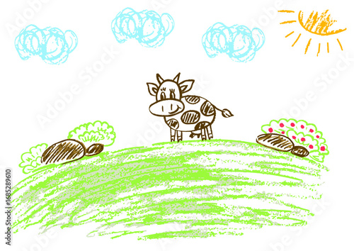 Children's drawing with wax crayons, pastels