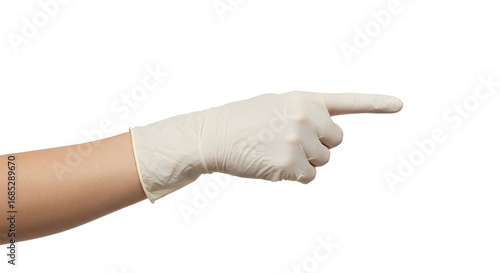 Gloved hand pointing toward right direction on white background