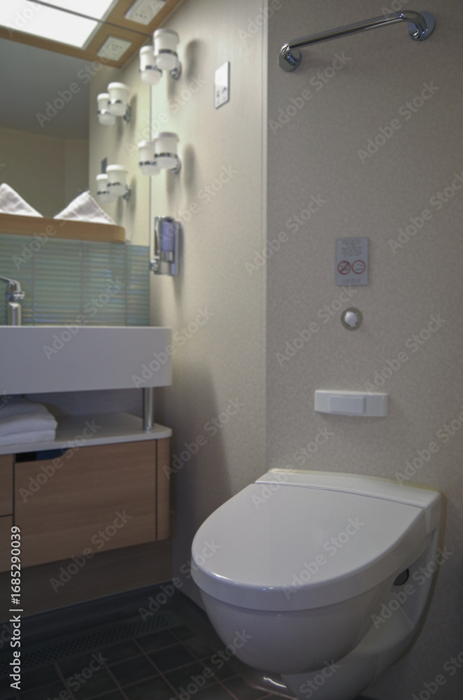 Fototapeta premium Modern design bathroom with sink, shower, towels and mirror and mosaic tiles in cabin or stateroom suite on luxury cruise ship cruiseship liner