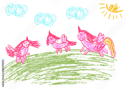 Children's drawing with wax crayons, pastels