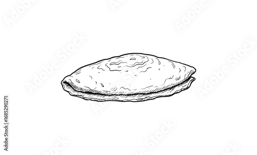Hand-drawn black and white sketch of a single empanada. Vector retro hand drawn illustration