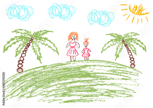 Children's drawing with wax crayons, pastels