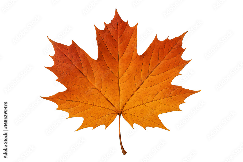 Fototapeta premium Detailed orange maple leaf with visible veins, natural style, isolated on transparent background. Concept of autumn, nature, and seasonal change