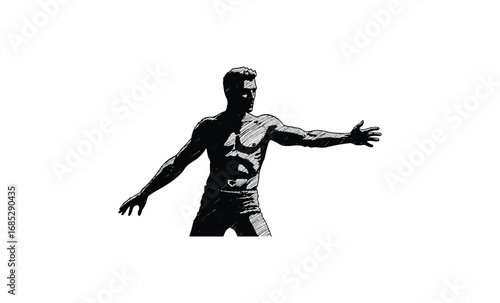 Sketch of athletic male in dynamic pose. Vector retro hand drawn illustration