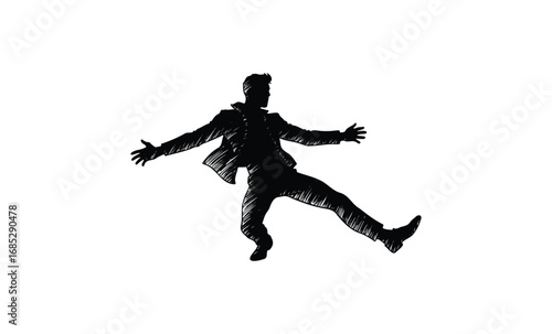 Dynamic silhouette of young caucasian male in mid-action against. Vector retro hand drawn illustration