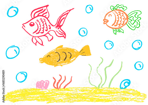 Children's drawing with wax crayons, pastels
