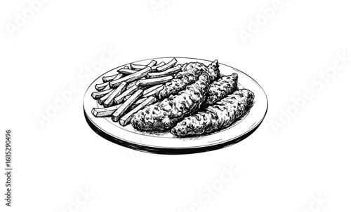 Classic fish and chips sketch: black and white plate illustration. Vector retro hand drawn illustration