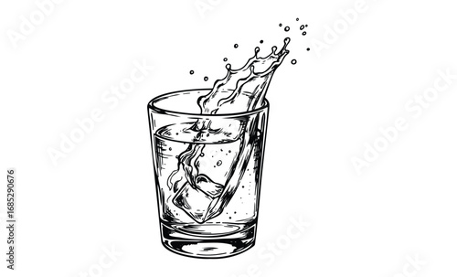 Splashing ice cube in water glass: dynamic black and white line art. Vector retro hand drawn illustration