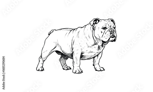 Detailed black and white illustration of a standing bulldog with sketch style. Vector retro hand drawn illustration