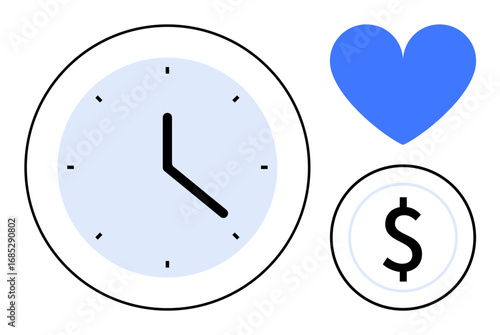 Clock, blue heart, and dollar icon showcasing balance between time, love, and money. Ideal for time management, work-life balance, productivity, wellness prioritization finances simple landing