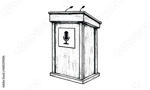 Wooden podium with microphones for speeches and presentations. Vector retro hand drawn illustration