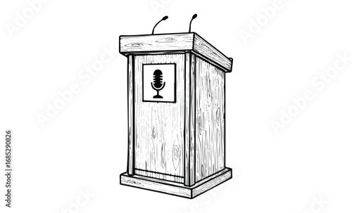 Wooden podium with microphones for speeches and presentations. Vector retro hand drawn illustration