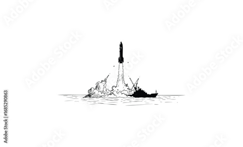 Black and white rocket launch from ocean platform with smoke and water splash. Vector retro hand drawn illustration