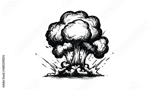 Explosive black and white cloud sketch depicting powerful detonation event. Vector retro hand drawn illustration