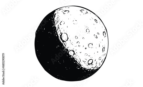 Black and white moon illustration with craters and shadow detailing. Vector retro hand drawn illustration