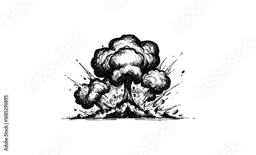 Explosive black and white sketched mushroom cloud illustration. Vector retro hand drawn illustration
