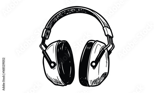 Black and white sketch of over-ear headphones with cushioned earpads. Vector retro hand drawn illustration