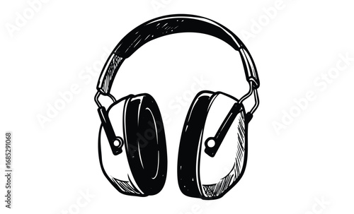 Black and white sketch of over-ear headphones. Vector retro hand drawn illustration