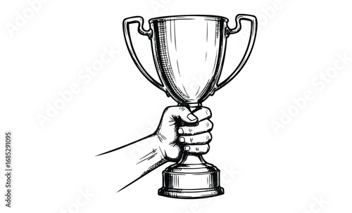 Hand holding trophy sketch illustration of victory and achievement. Vector retro hand drawn illustration