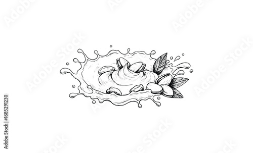 Almond milk splash with nuts and flowers in artistic black and white illustration. Vector retro hand drawn illustration