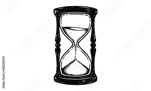 Vintage sand hourglass illustration with intricate wooden frame design. Vector retro hand drawn illustration